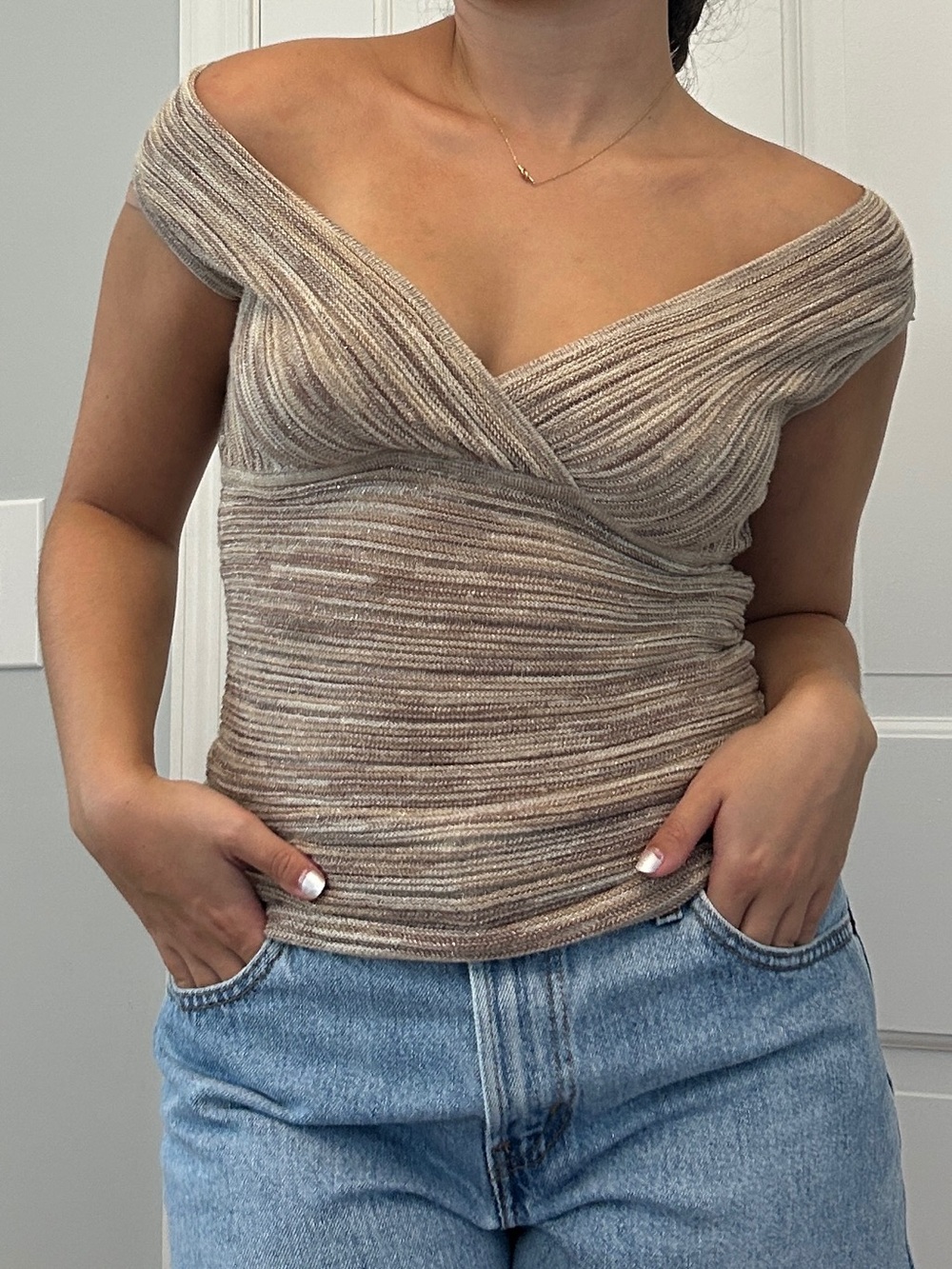 Off-Shoulder Ribbed Knit Top in Beige